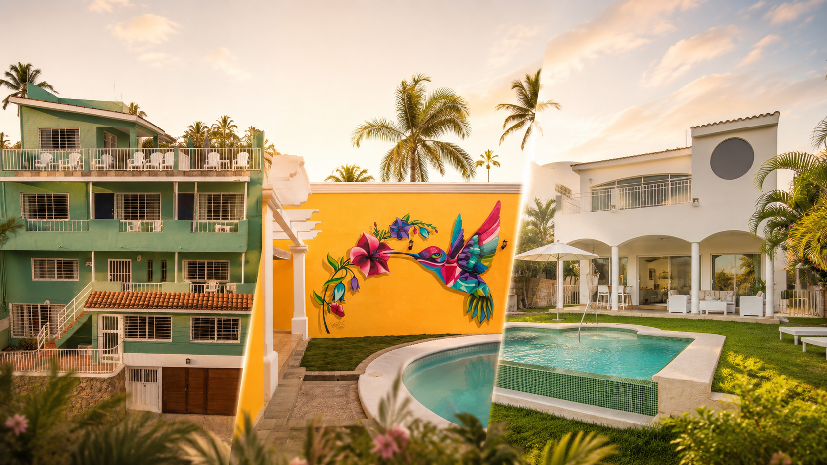 Las tres casas de Grupo Casa Dorada en Mazatlán al atardecer